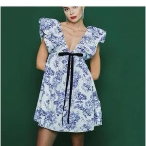 NEW Blue Floral Ruffle V-Neck Mini Dress Babydoll  with Velvet Tie Puffy SZ S-M